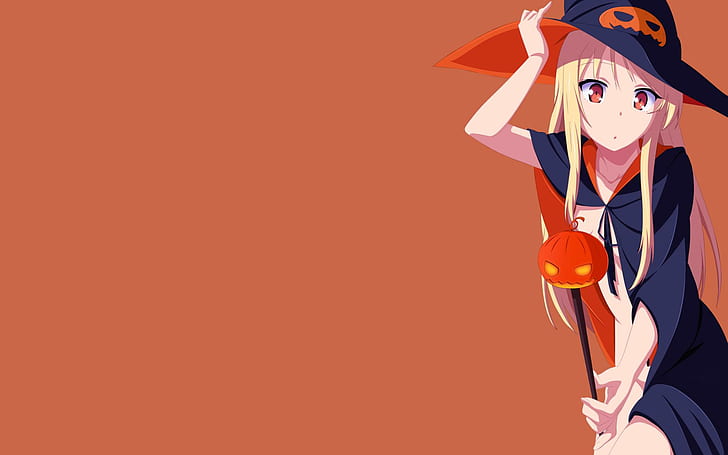 Anime Girls, Shiina Mashiro, Orange Background, Blonde, Halloween, Witch, HD wallpaper