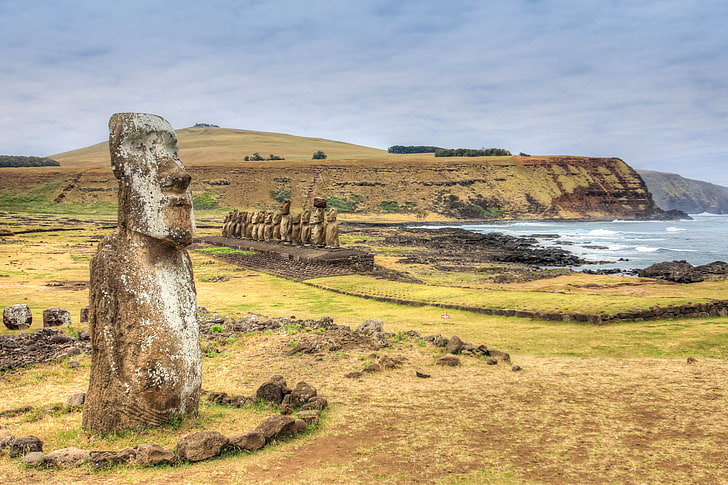 sea, the sky, rocks, Easter island, statue, Chile, Rapa Nui