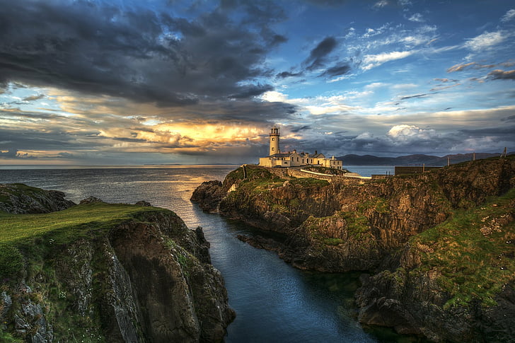 county, donegal, ireland, lighthouse, rocks, sea, HD wallpaper