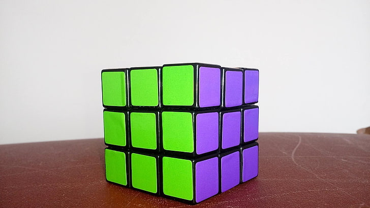 green and purple Rubiks cube, Rubik's Cube, multi colored, indoors, HD wallpaper