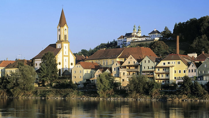 brown and gray concrete buildings, germany, bavaria, passau, church