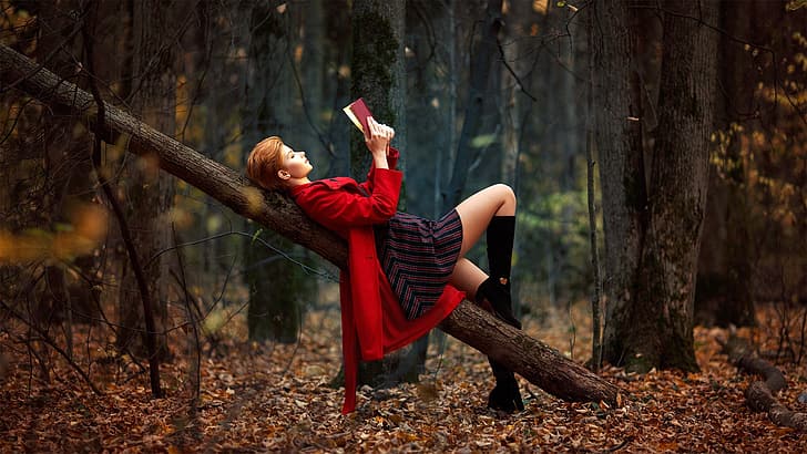 autumn, forest, leaves, girl, mood, model, boots, makeup, dress