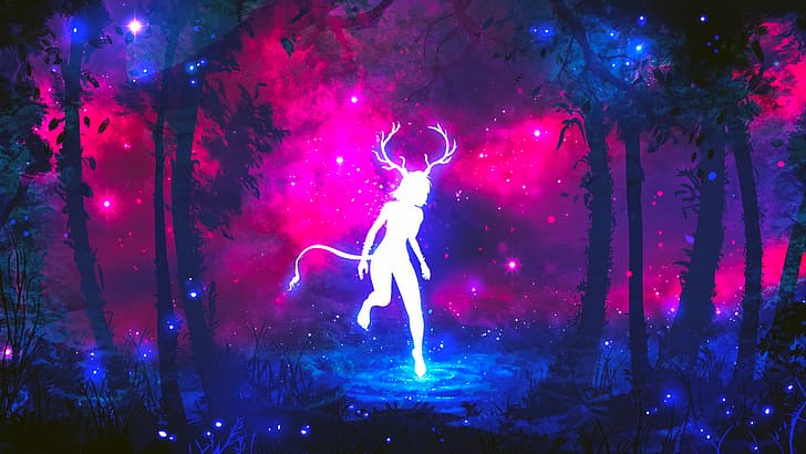 vaporwave, horns, deer, jumping, artwork, digital, HD wallpaper