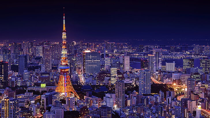 tokyo, tokyo tower, japan, asia, cityscape, city lights, night, HD wallpaper