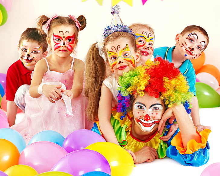 multicolored clown costume, children, fun, balls, white background