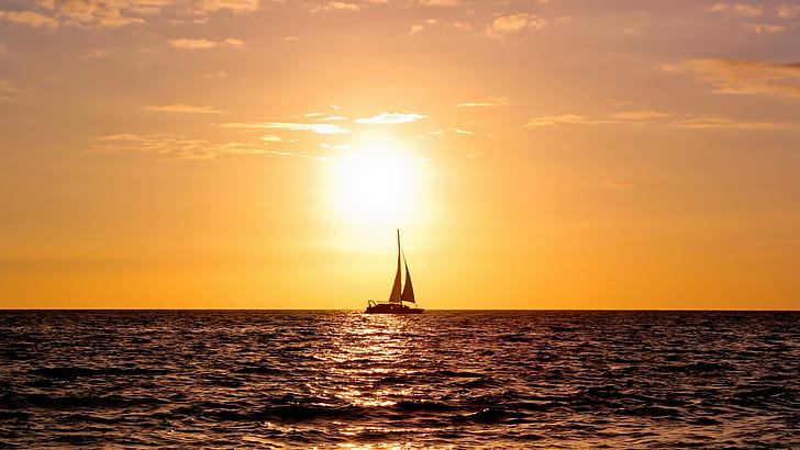 sea, sunlight, boat, horizon, sky, HD wallpaper