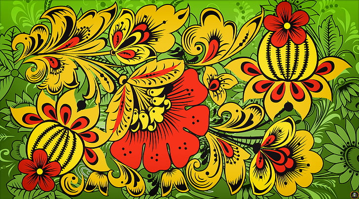 Flowers, Pattern, Style, Background, Painting, Art, Khokhloma, HD wallpaper