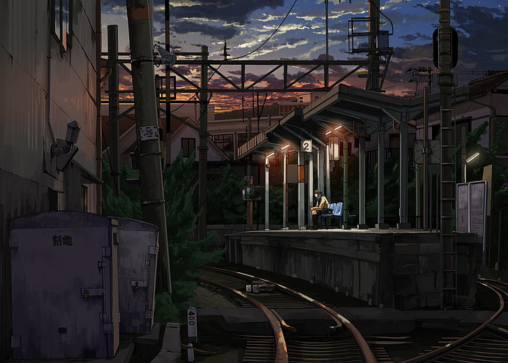 building, digital art, sunset, train station, railway, isolation, HD wallpaper