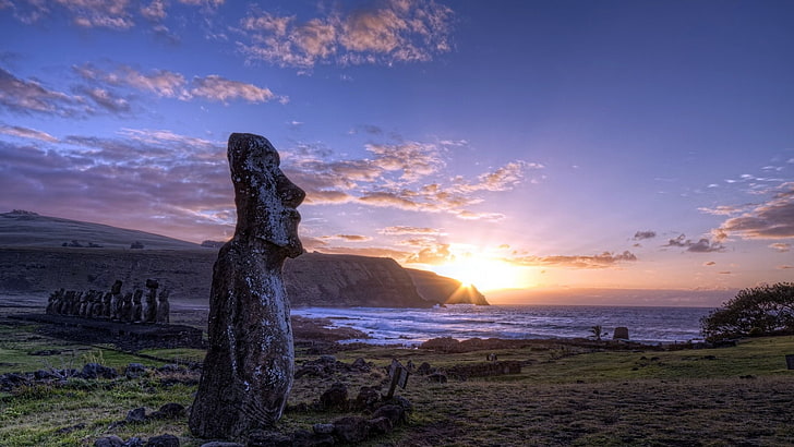 nature, sunset, landscape, statue, Moai, Easter Island, sky, HD wallpaper