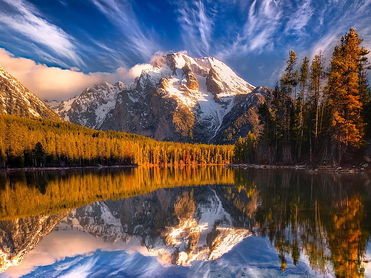 Mountains, snow, forest, trees, lake, water reflection
