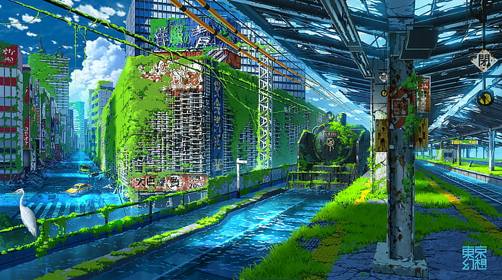 HD wallpaper: anime, landscape, apocalyptic, ruins, water, city, cityscape  | Wallpaper Flare