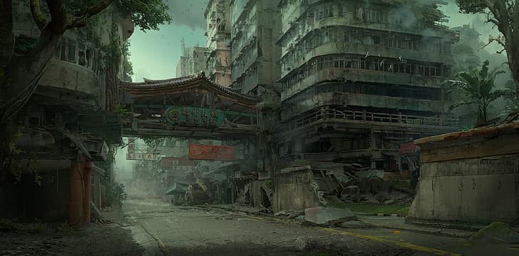 ruins, postapocalyptic, Hong Kong, the ruined city, in the dark, HD wallpaper