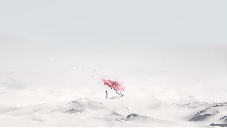 artwork, sakura (tree), alone, isolation, minimalism, HD wallpaper