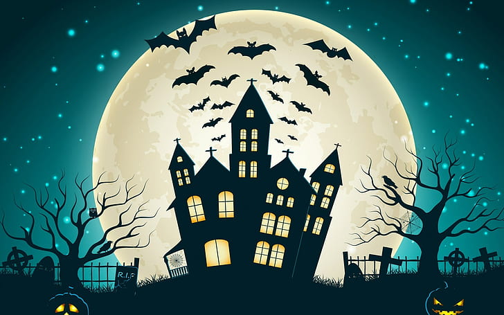 Halloween, Moon, cemetery, spooky, night, pumpkin, bats, HD wallpaper