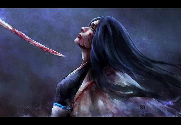 blood, Bleach, sword, NanFe, long hair, shinigami, Unohana Retsu, HD wallpaper