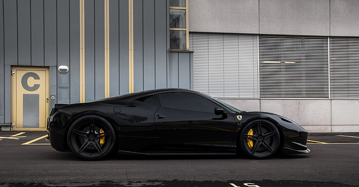 lack Ferrari 458 Italia coupe, black, the building, Windows, profile