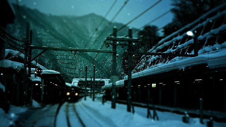 gray electric post, train, winter, railway station, dark, snow, HD wallpaper
