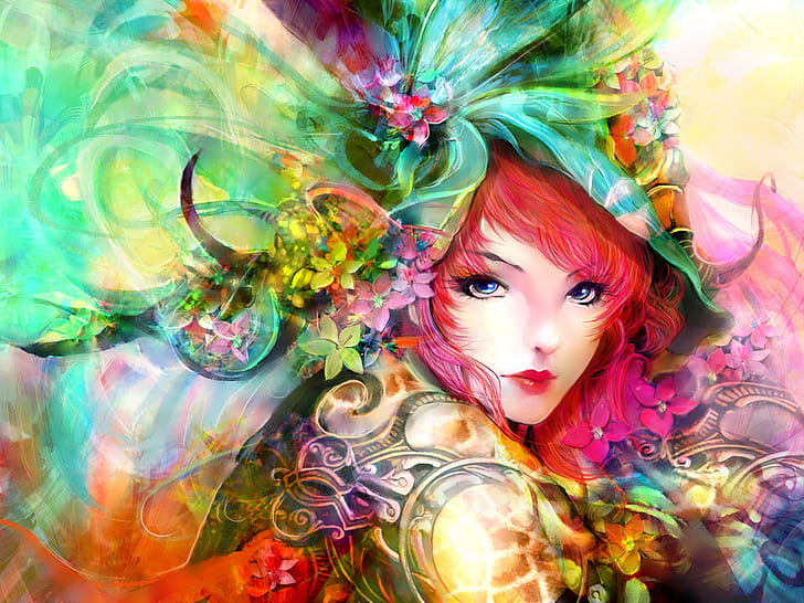 Art painting, girl, eyes, face, flowers, red hair, colorful, HD wallpaper