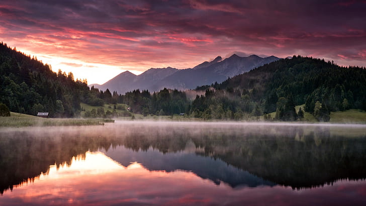 Dawn landscape, nature, mountains, forest, lake, morning, fog, mountain; body of water