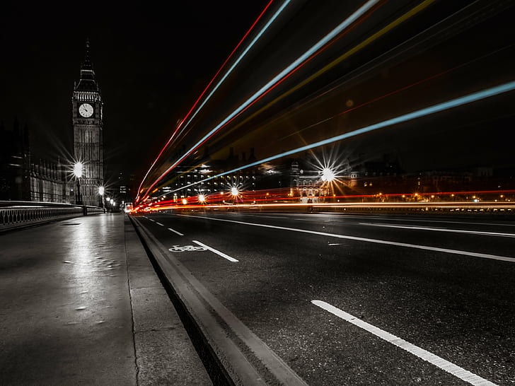 time lapse selective color photography of road near big bed tower during night time, HD wallpaper