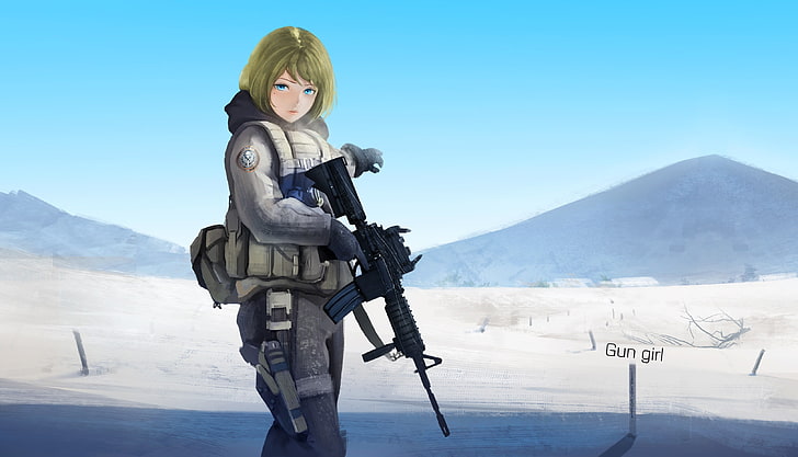 anime girls, blonde, blue eyes, gun, weapon, original characters, HD wallpaper