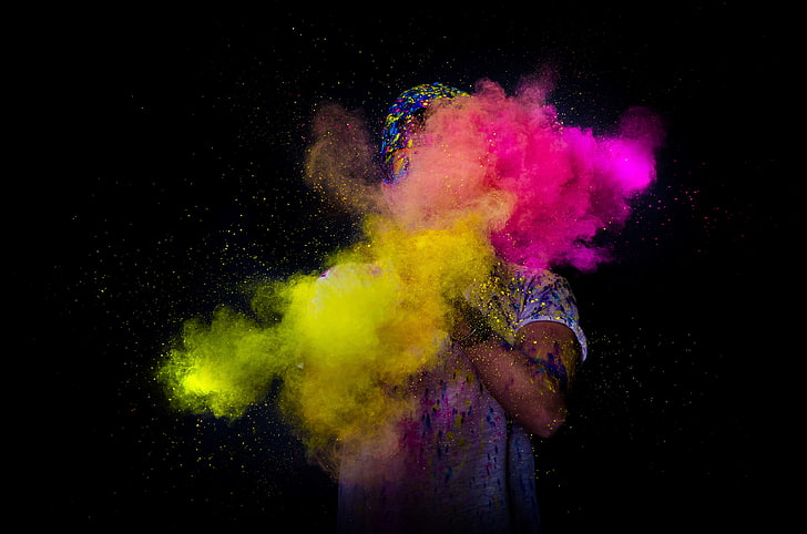 dark, colorful, powder explosion, multi colored, studio shot