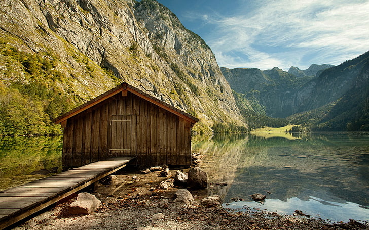 brown and black wooden house, nature, landscape, reflection, hut, HD wallpaper