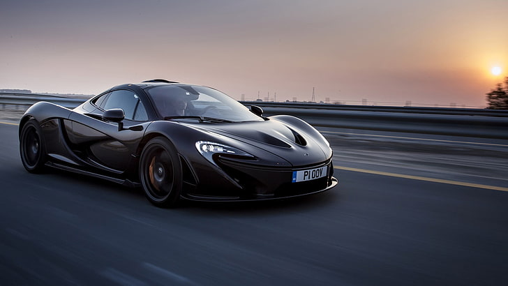 black McLaren P1, car, motion blur, road, vehicle, transportation, HD wallpaper