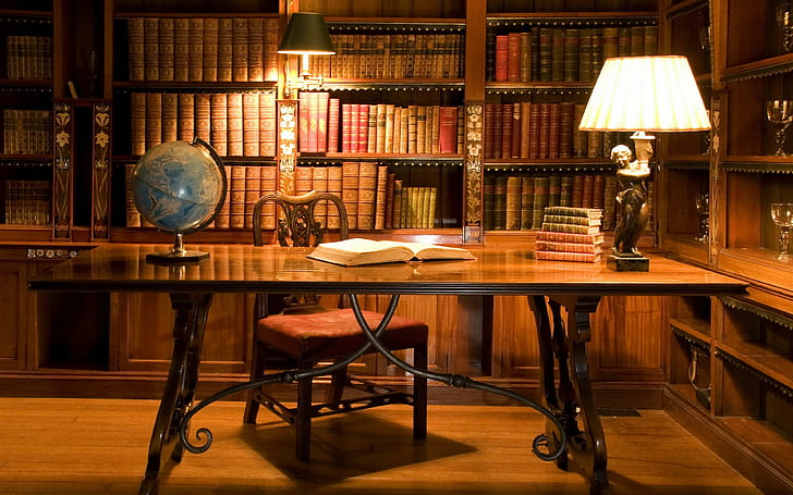 cabinet, table backgrounds, book, globe, lamp, books, library, HD wallpaper