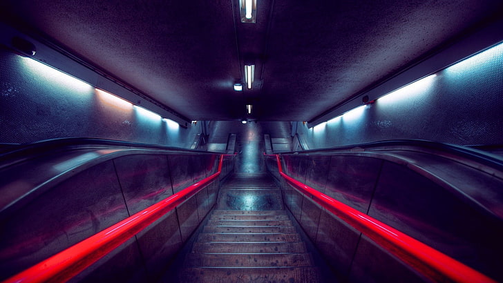 stairs, escalator, red, the way forward, direction, illuminated, HD wallpaper
