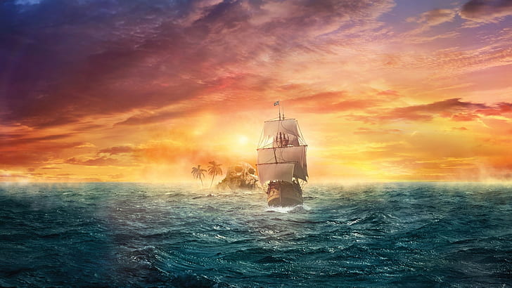 artwork, sea, skull island, Peter Pan, sailing ship, sunset
