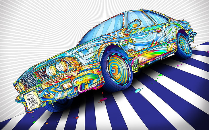 digital art, psychedelic, colorful, lines, car, BMW, wheels, HD wallpaper