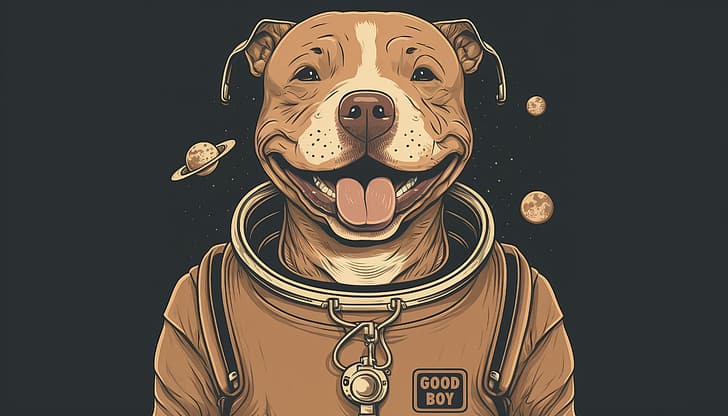 AI art, illustration, dog, pit bull, astronaut