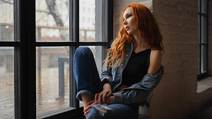 Sergey Fat, women, model, window, redhead, 500px