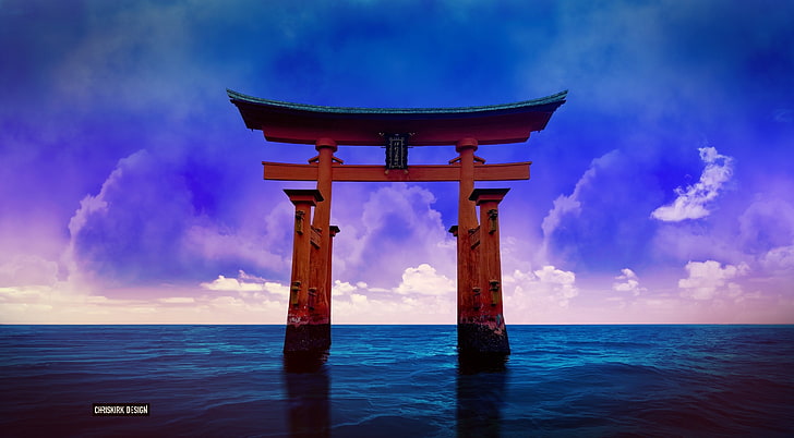 Torii, brown wooden arch, Aero, Creative, landscape, asia, japon, HD wallpaper