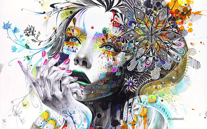 anime, artwork, Colorful, face, hand, Minjae Lee, mosaic, Paint Splatter