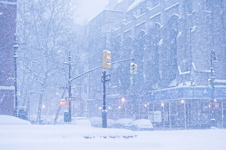 yellow traffic light, winter, the city, New York, Snowfall, 