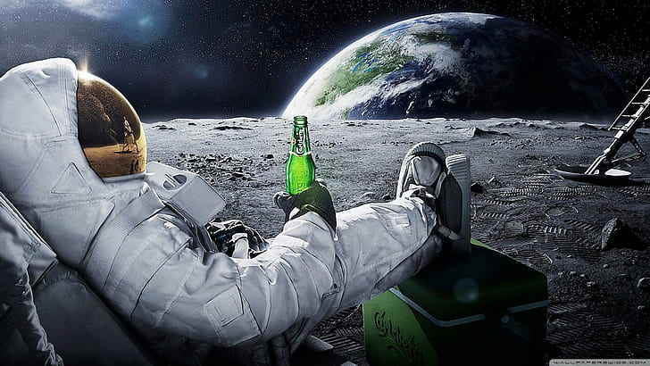 Can you believe they put beer on the moon, earth, funny, spaceman, HD wallpaper