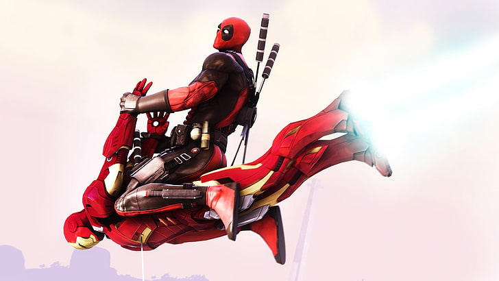 Deadpool and Iron Man illustration, men, motorcycle, action, sport