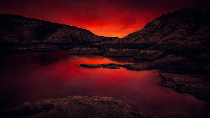 twilight, evening, darkness, red sky, reflection, landscape