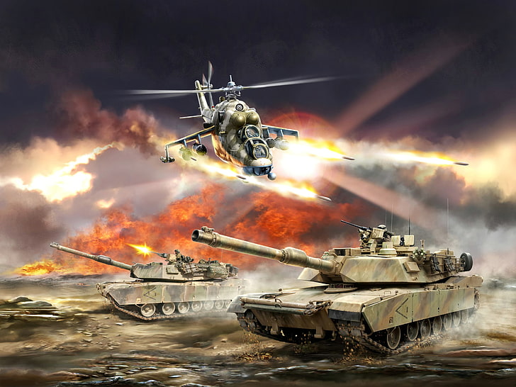 helicopter and tank game illustration, battle, USA, Russia, armor, HD wallpaper