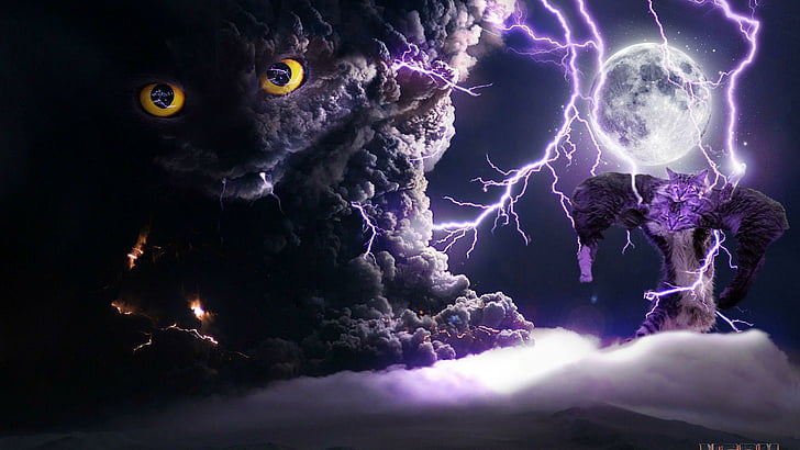 cat, lightning, god, smoke, moon, eyes
