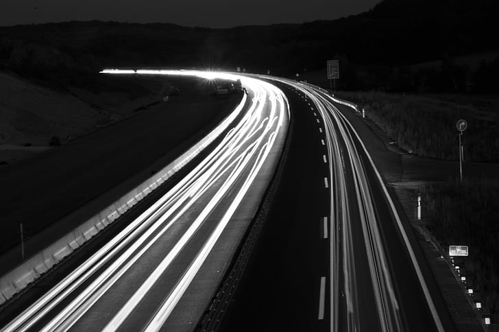 traffic, long exposure, road, night, monochrome, HD wallpaper