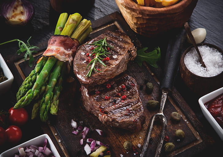 food, meat, vegetables, steak, HD wallpaper