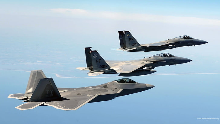 three gray F-22 Raptors, military aircraft, airplane, sky, jets