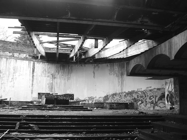 ruins, monochrome, architecture, built structure, indoors, abandoned