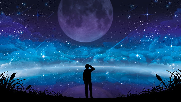 silhouette of man, illustration, stars, sky, space, artwork, star - space