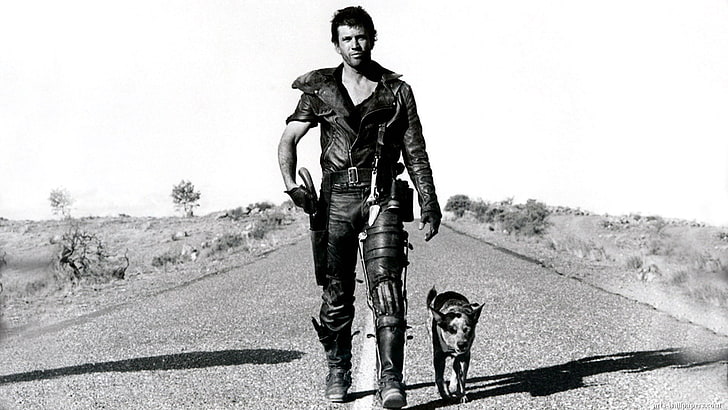 grayscale photo of man and dog, Mad Max, Mel Gibson, 1980s, one person, HD wallpaper