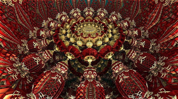 red and gold floral decor, rotation, fractal, immersion, pattern, HD wallpaper