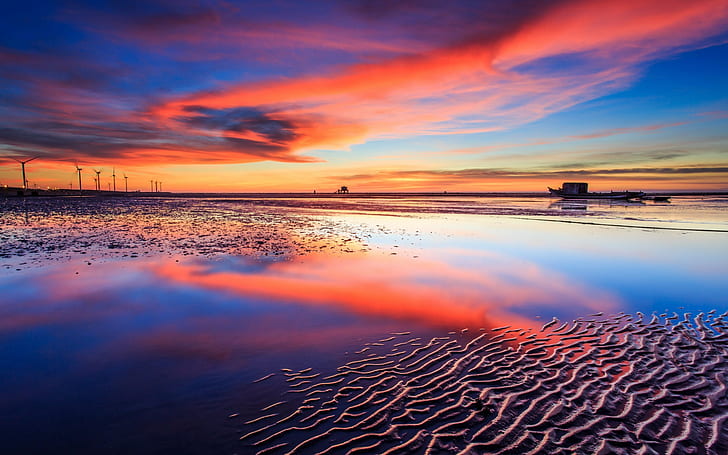 HD wallpaper: Sea, beach, sunset, boats, red sky | Wallpaper Flare